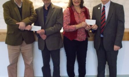 Two cheques totalling over £1,000 being donated to the Wells and Mendip Museum from the proceeds of local book ‘Big Shows: Charles Heal and Sons’ written by local history authors Richard Green of Wells and Guy Belshaw from Wellington.