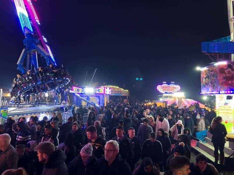 The weekend prior to Bonfire Night was not favourable as weather ruined numerous events, however the main night itself was dry and this was certainly of benefit to showmen as can be seen by this picture at James Finnie’s fair in Bradford.