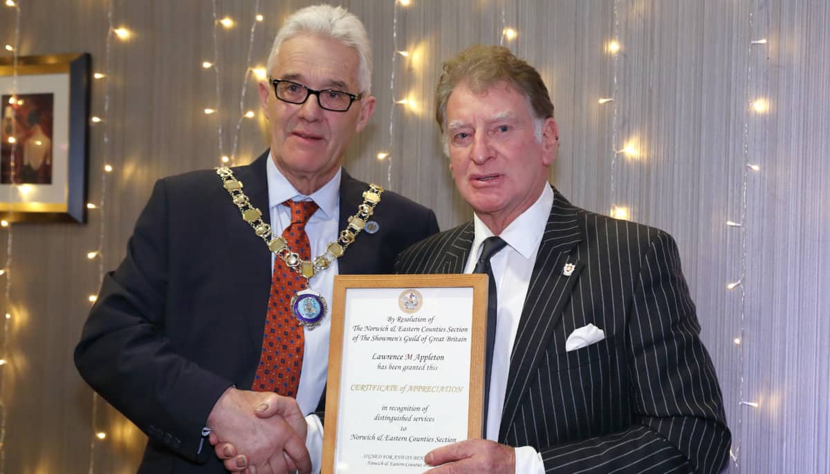 Nipper Appleton (right) received a Certificate of Appreciation from the Norwich & Eastern Counties Section in recognition of distinguished service, presented by Charles Barwick, then Section Chairman, at the King’s Lynn Mart luncheon in 2020.