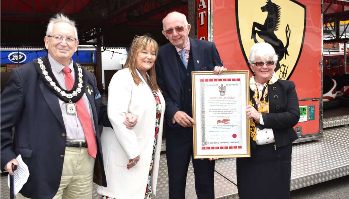 Anthony and Christina Harris were awarded the Freedom of Ashby de la Zouch in 2019 and are seen here with Mayor Graham Allman and Mayoress Charmaigne at the presentation at Ashby Statues on 15 September 2019. Photo: David Springthorpe