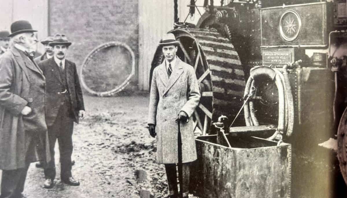 John Barker (bowler hat) with the then Duke of York, Queen Elizabeth II father, savages works, kings Lynn, 1921, photographed by Barker & Thurston’s Burrell engine ‘John Bull’