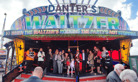 Local dignitaries on James Danter's waltzer at Neath Great Fair.