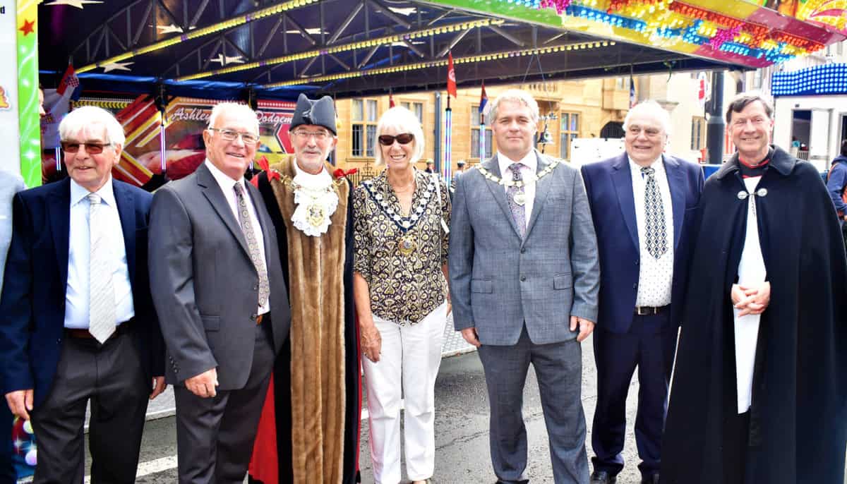 With the Lord Mayor and Mayoress of Oxford at the opening of St Giles Fair are Marshall Nichols, Philip Searle, Chairman of the London Section Lawrence Lorenzo Crick and Snr Vice President of the Showmen’s Guild Keith Carroll. Photo David Springthorpe
