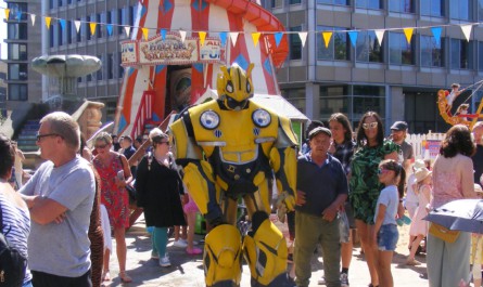 A bumble bee joins children enjoying the beach and funfair attractions at Sheffield by the Seaside.