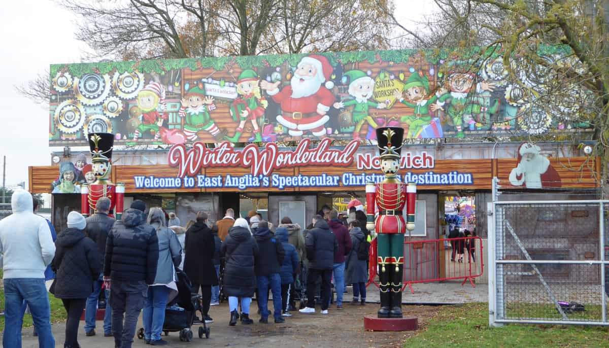 The fresh, festive-look entrance at Winter Wonderland Norwich pictured on the first weekend with no shortage of guests waiting to see the offering inside.
