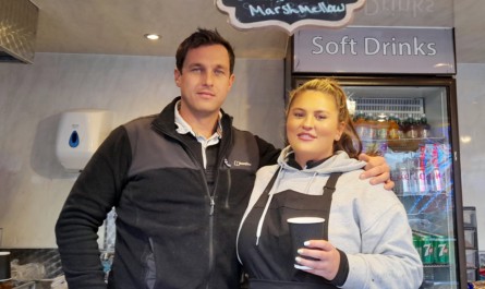 Jonathan Green & Olivia Herbert at their coffee & doughnuts kiosk at Neath Spring Fair.