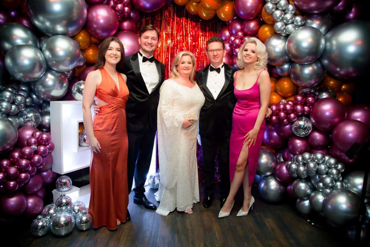 Tammy Silcock (centre) celebrating her 50th birthday with husband Billy, son William and partner Charlotte, and daughter Claudia.