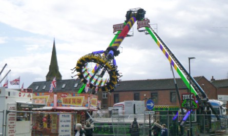 An exciting newcomer to Hindley for 2023 was the Toxic Afterburner from Graham Sedgwick and Mason Gore, swinging out over the fair on the Market Place.