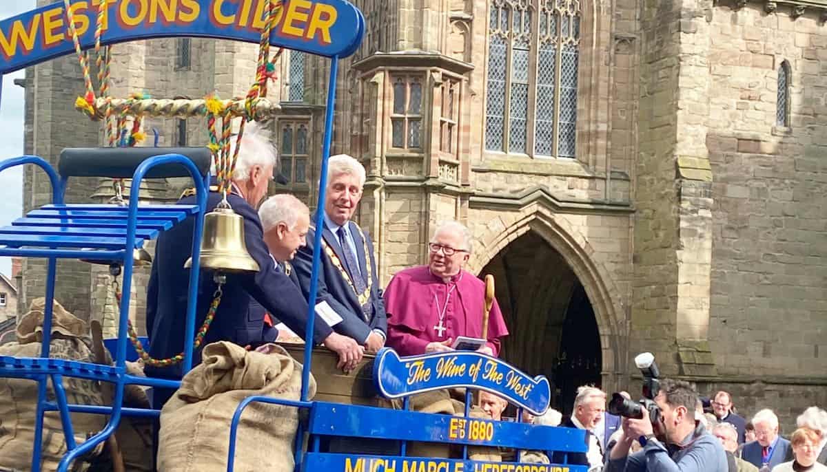 The opening party assembled on the horse-drawn dray outside Hereford cathedral. Photo: Felicity Peacock