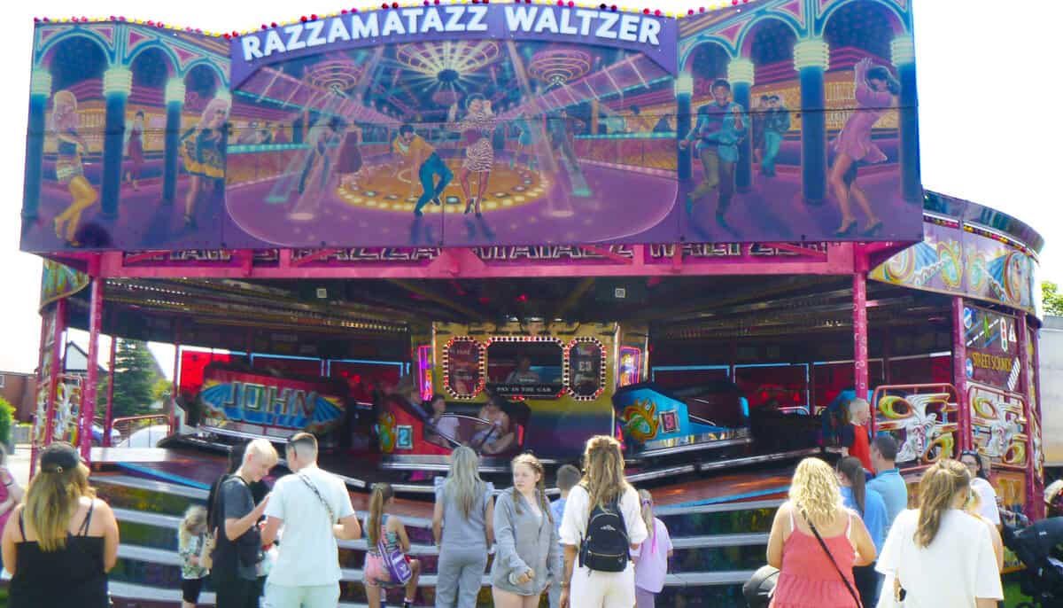 A very busy Razzamatazz waltzer showing off its magnificent artwork at Thornton Cleveleys Gala funfair.