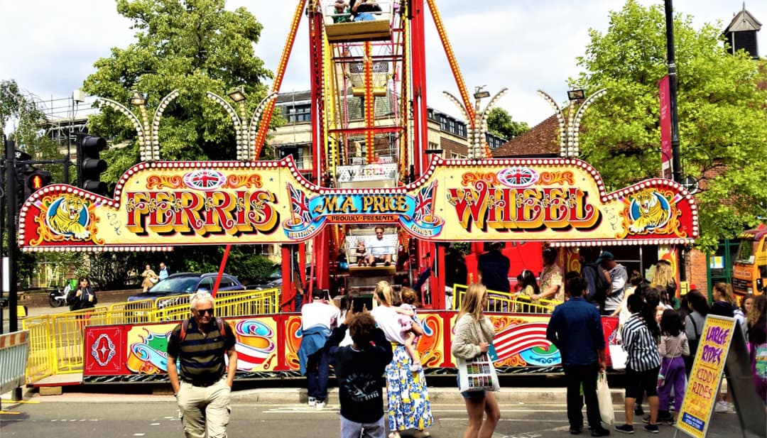 It was a tight squeeze for Michael A Price’s Ferris wheel at John Biddall’s Hampstead Summer Fair.