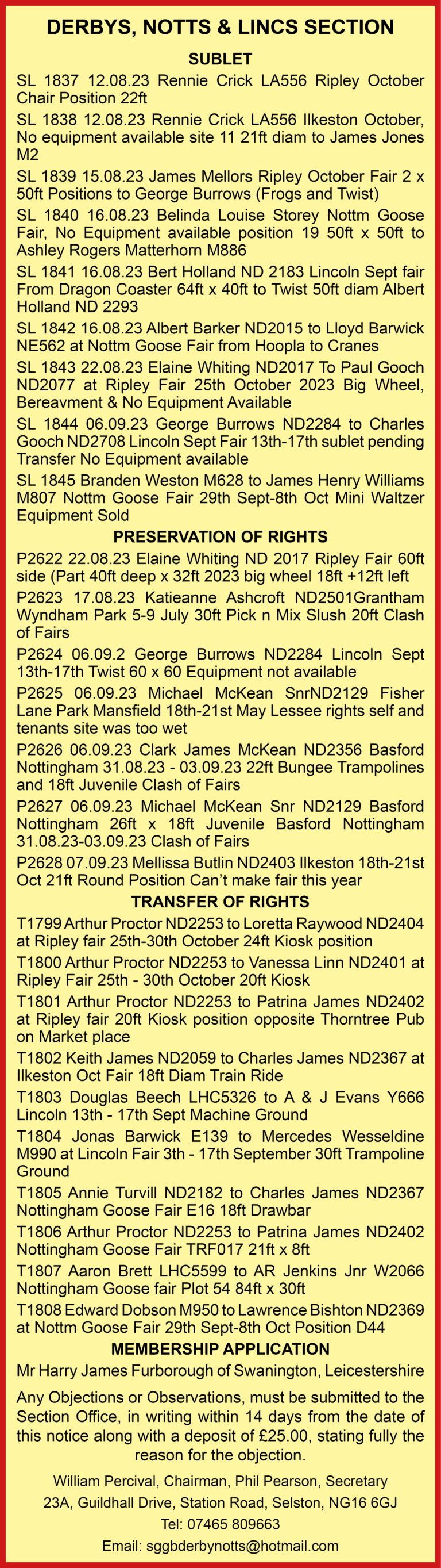 Notts & Derby section notices