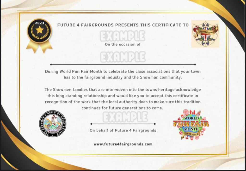 A sample certificate that F4F have produced for UK Showmen to give to councils.