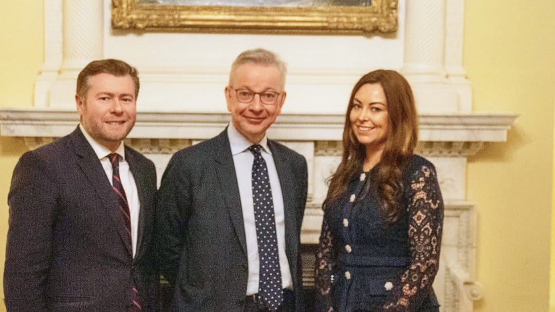 Serena Silcock-Prince inside No 10 Downing Street with Southport MP Damien Moore and Secretary of State for Levelling Up, Housing and Communities Rt Hon Michael Gove.