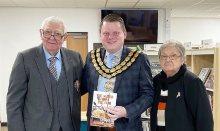 John Culine MBE at the book signing launch of his autobiography, alongside the Mayor of Spennymoor Cllr Ian Geldard and Mrs Davinia Culine.