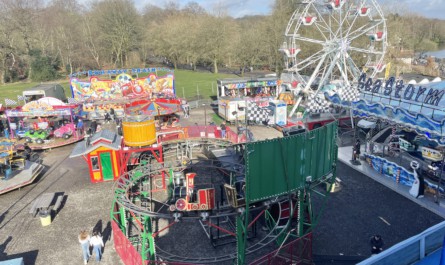 Gore’s Runaway Train, Harniess’ Thunder Railroad and Sea Storm, and Liz Hackett’s big wheel feature in this view from the fourth floor of Lincoln Gore’s fun house.