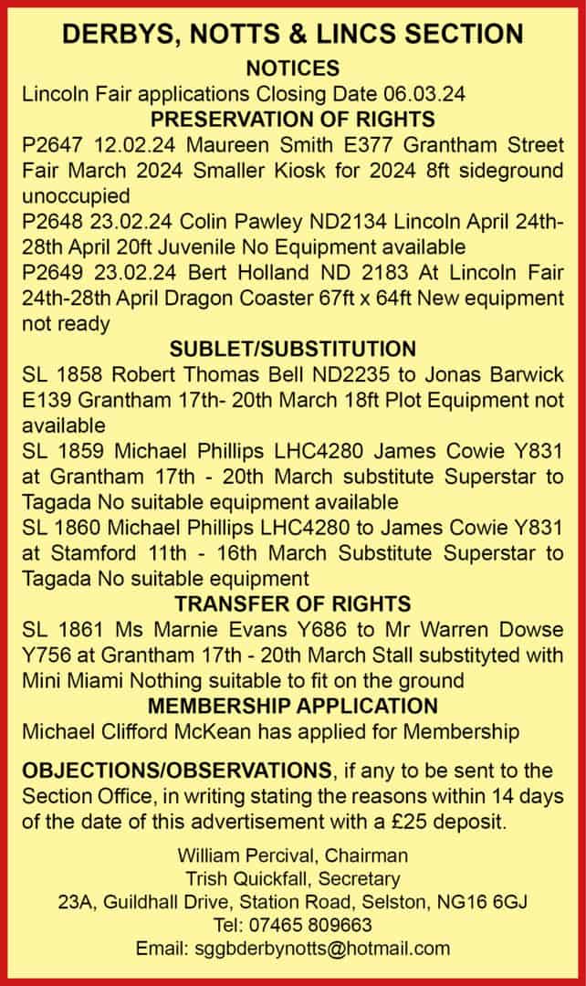 Notts & Derby Section notices 2.3.24